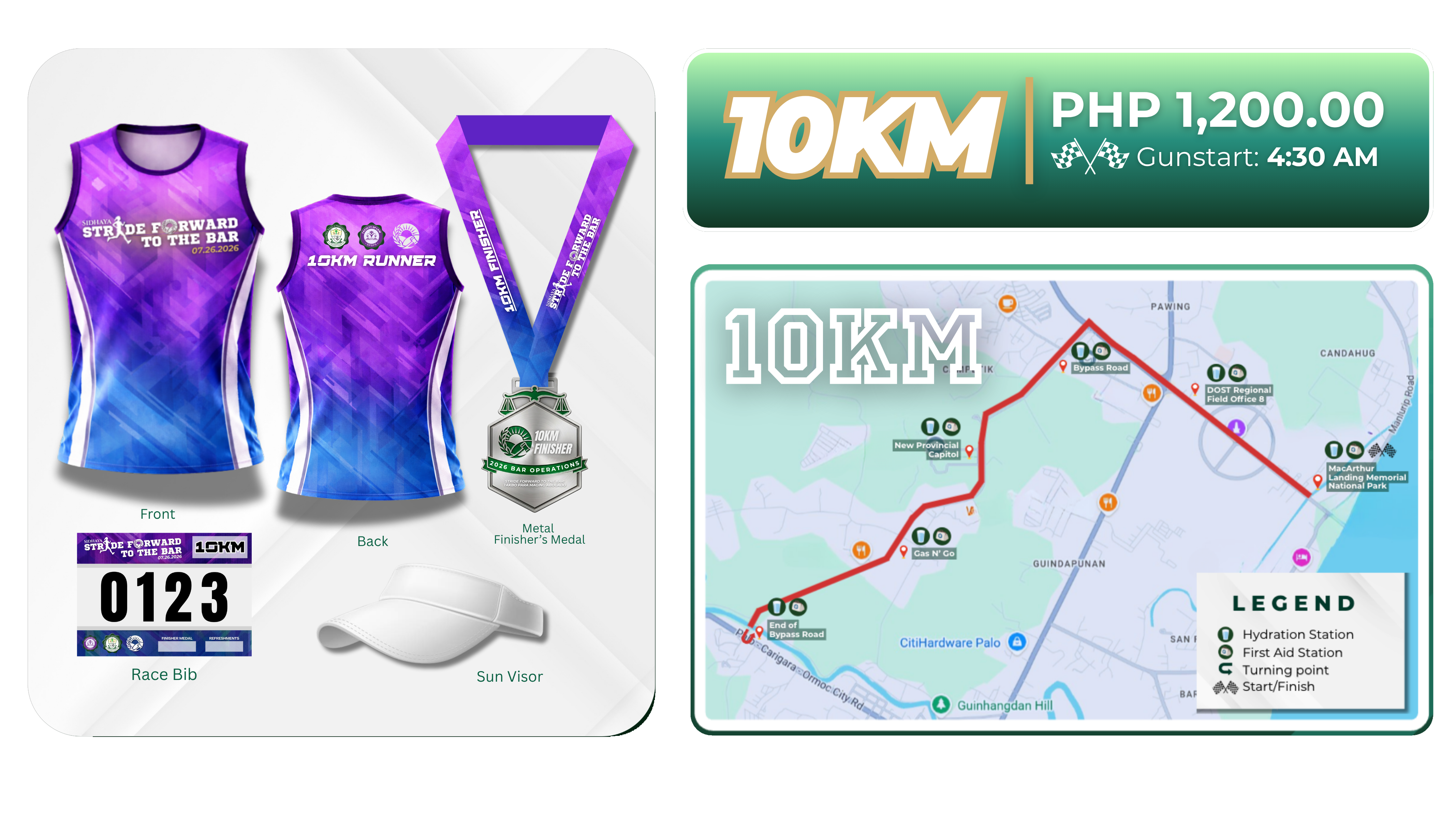 10KM Inclusions and Race Route — purple singlet, metal finisher medal, sun visor, race bib, PHP 1200.00, Gunstart 4:30 AM, extended route map