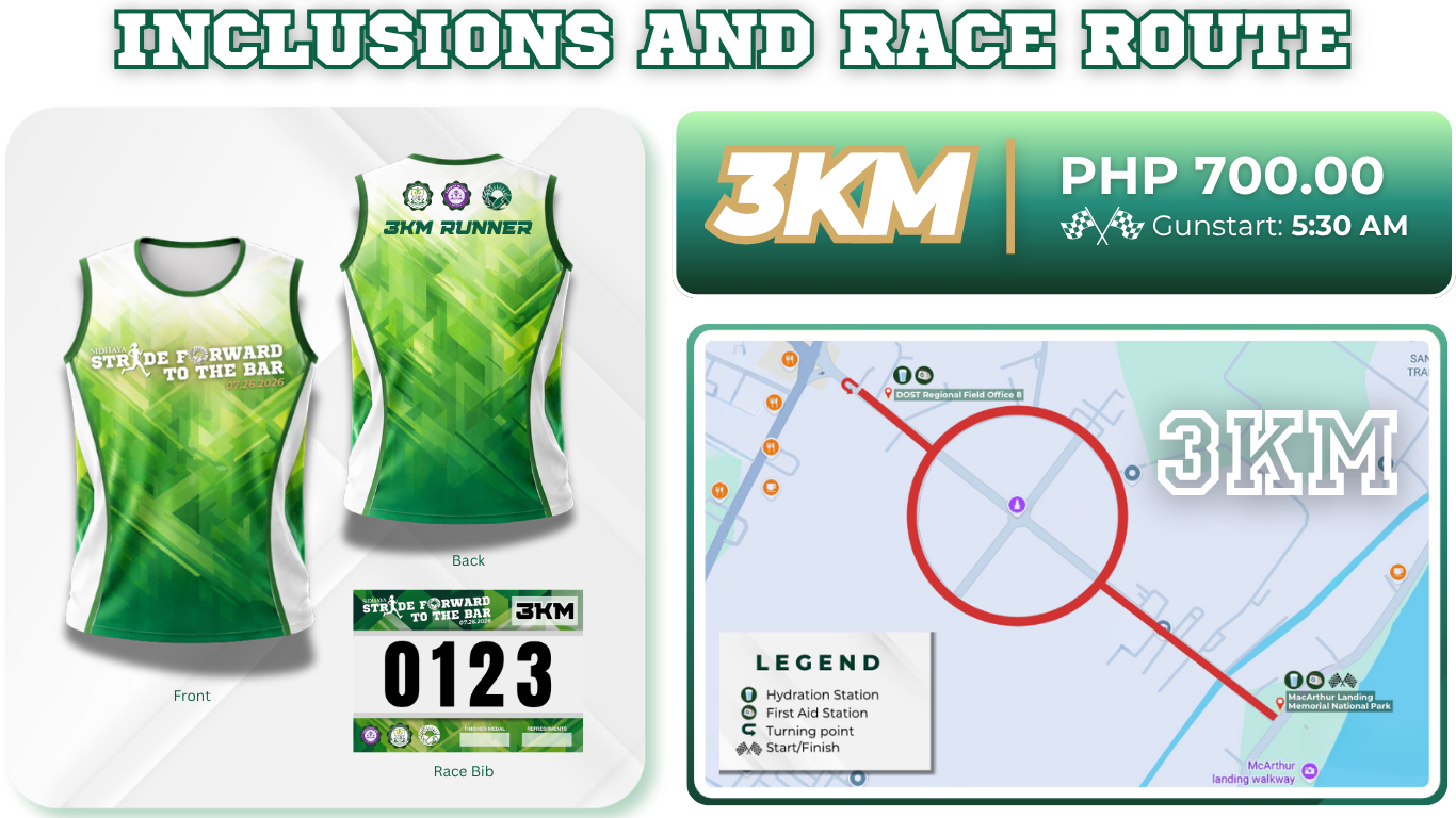 3KM Inclusions and Race Route — green singlet front and back, race bib, PHP 700.00, Gunstart 5:30 AM, circular route map at MacArthur Leyte Landing Memorial National Park