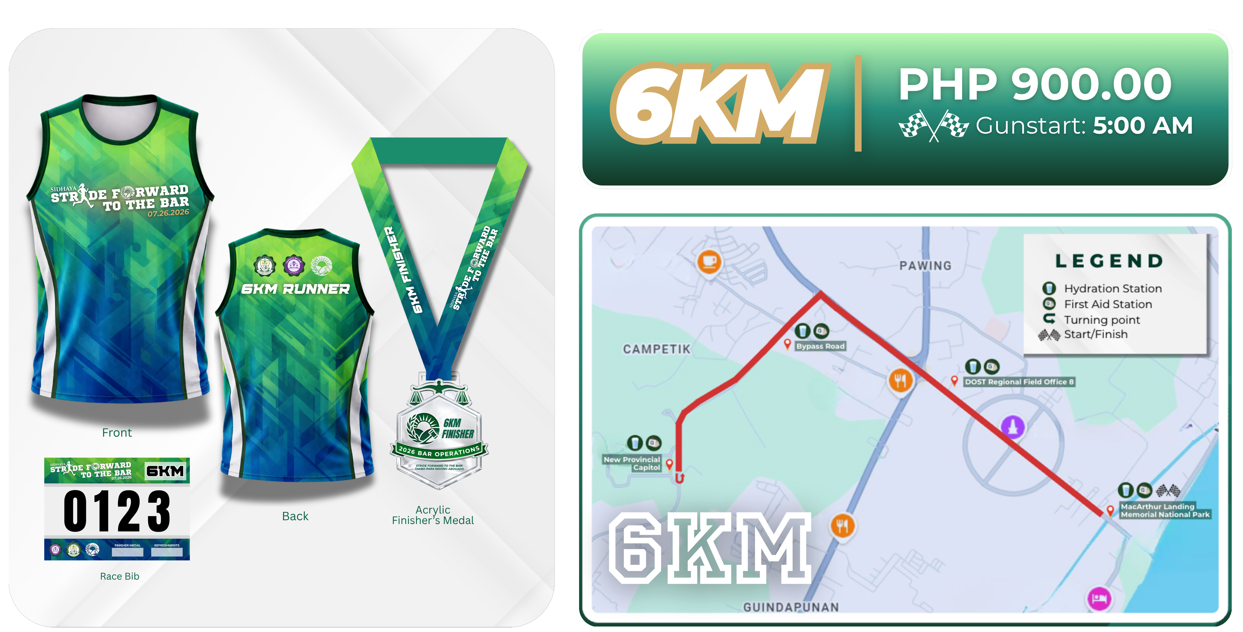 6KM Inclusions and Race Route — blue-green singlet, acrylic finisher medal, race bib, PHP 900.00, Gunstart 5:00 AM, route map through Campetik and Guindapunan